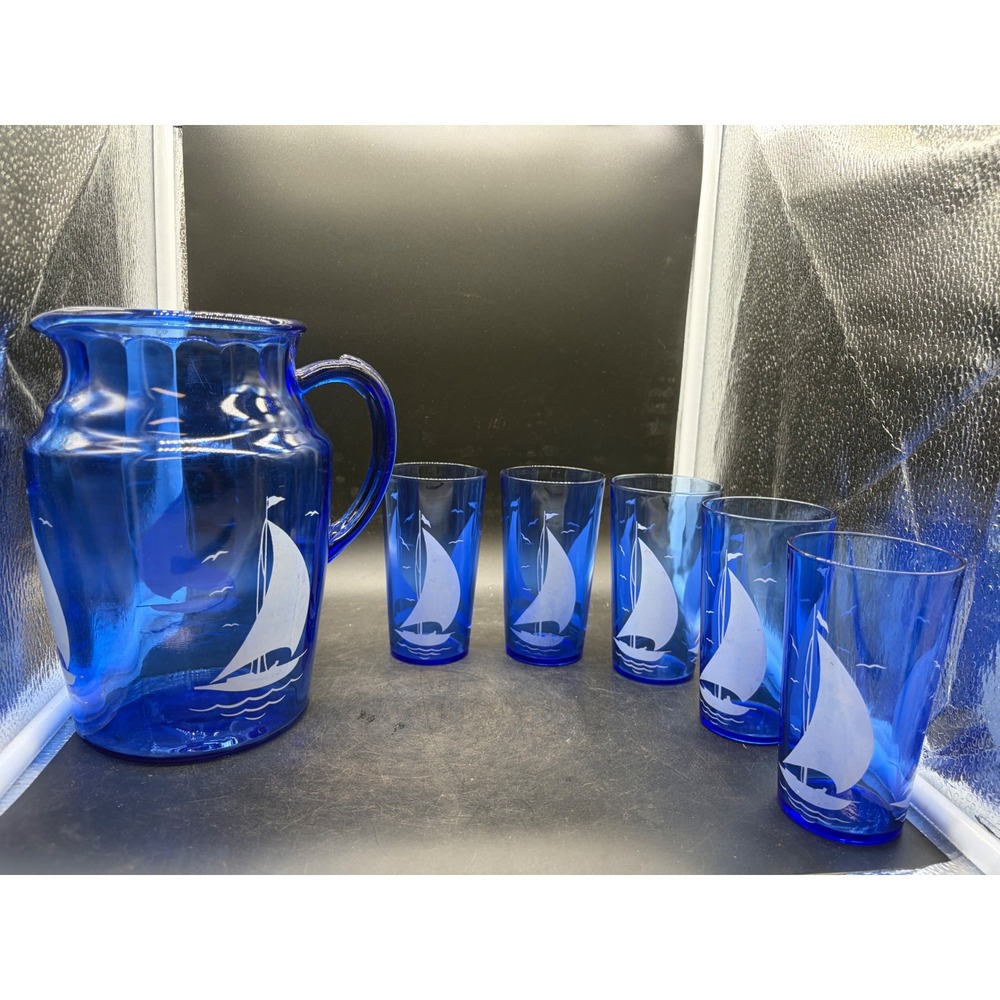 Vintage Hazel Atlas Cobalt Blue Sailboat Pitcher and 5 Tumbler Glass Set